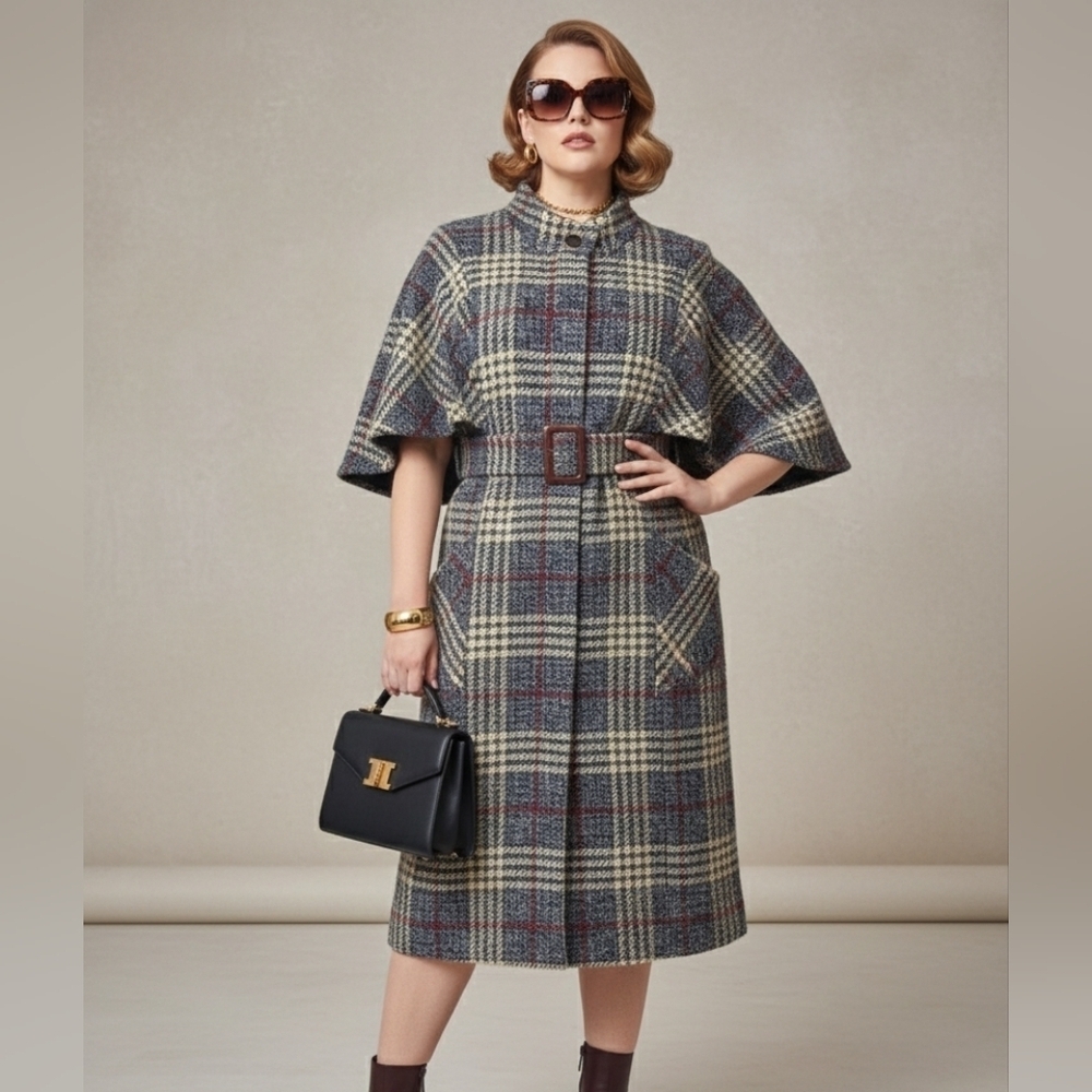 Tribal Checkered Cape Coat - Blue, Cream, Brown